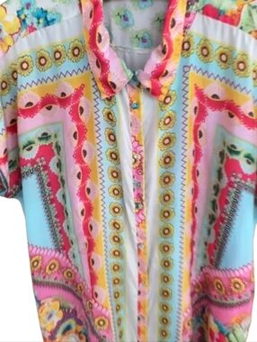 JOHNNY WAS XL EUC Silk Camp Shirt Pink & Aqua